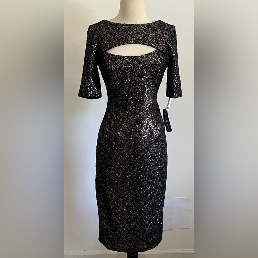 NWT Betsy & Adam Black Sequin Cutout Midi Dress | Size 6 |Cocktail Dress